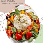 Deze snelle burrata salade met pesto is perfect als lunch, voorgerecht of lichte avondmaaltijd. Je maakt dit burrata recept met perzik, tomaatjes en pesto.