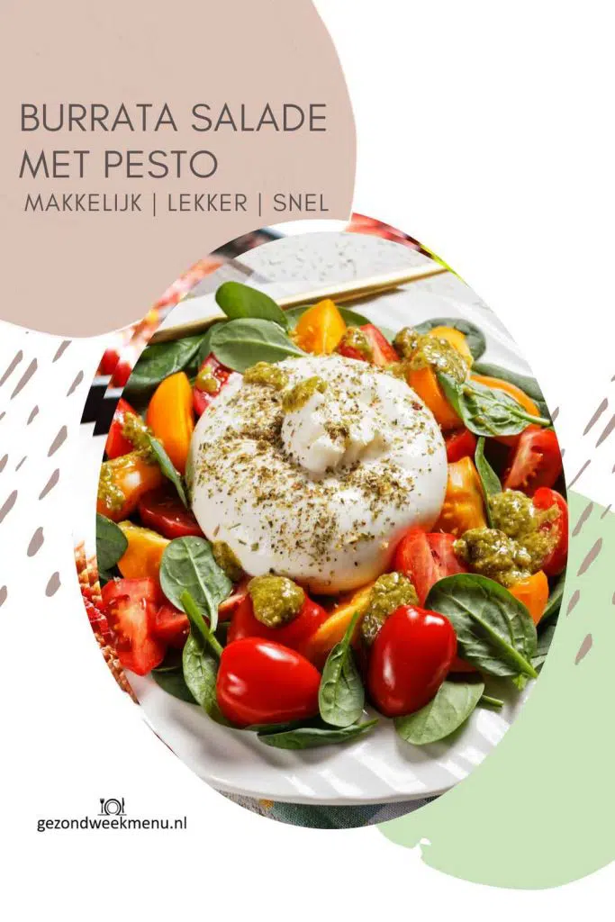 Deze snelle burrata salade met pesto is perfect als lunch, voorgerecht of lichte avondmaaltijd. Je maakt dit burrata recept met perzik, tomaatjes en pesto. 